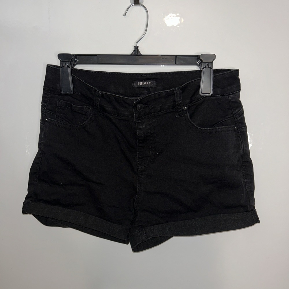 Forever 21 Womens Denim Shorts Black Cut Offs‎ Rolled Hem High Rise Size Large